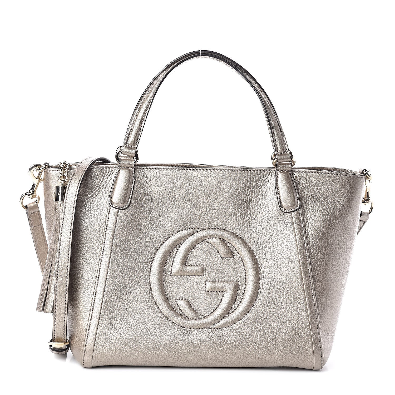 Gucci Metallic Pebbled Calfskin Small Soho Top Handle Bag Golden Beige 1 of 9