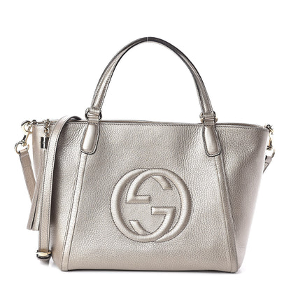 Gucci Metallic Pebbled Calfskin Small Soho Top Handle Bag Golden Beige 1 of 9