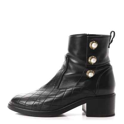 Chanel Lambskin Patent Calfskin Quilted Pearl Boots 38.5 Black 1 of 13