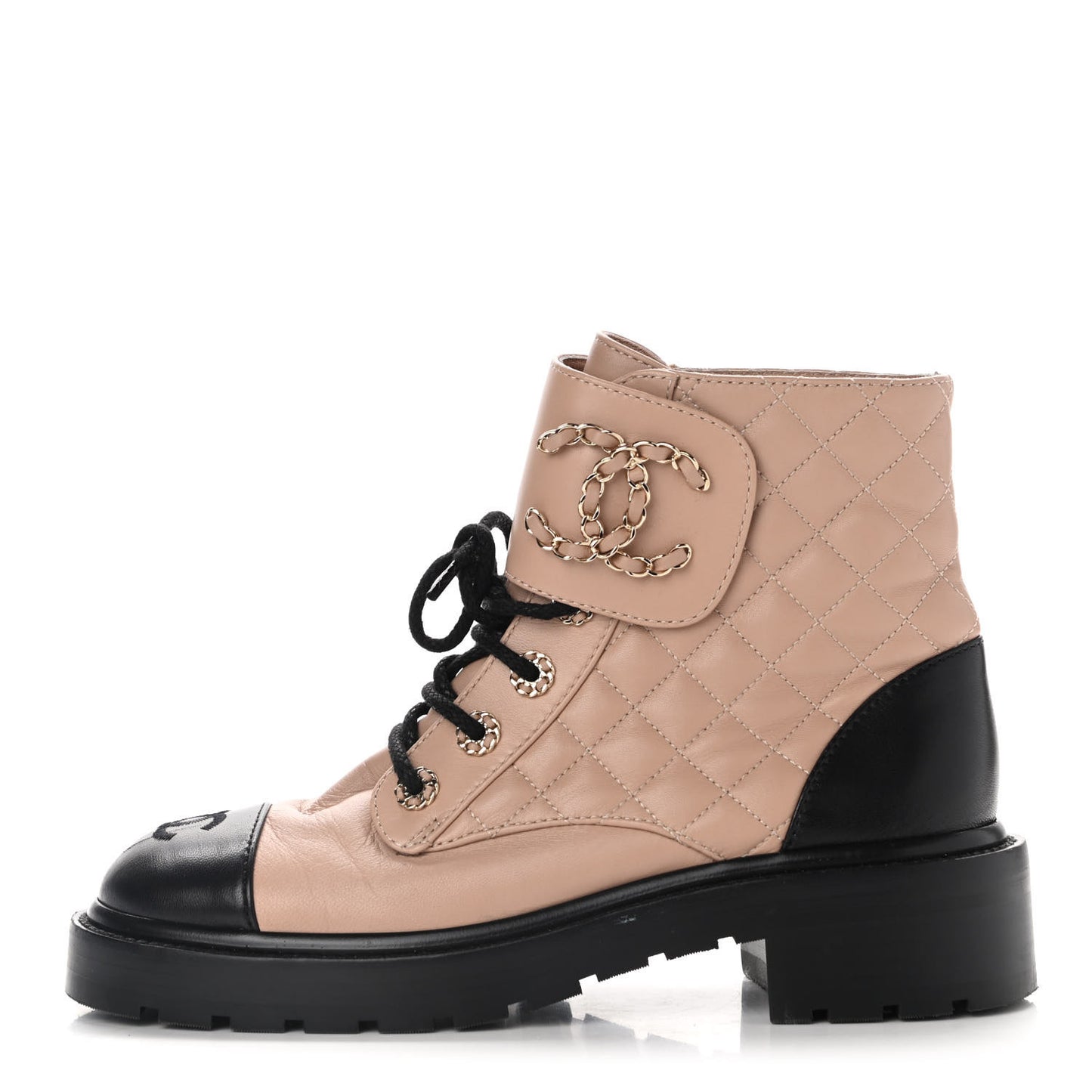 Shiny Lambskin Quilted Lace Up Combat Boots 38 Beige Black