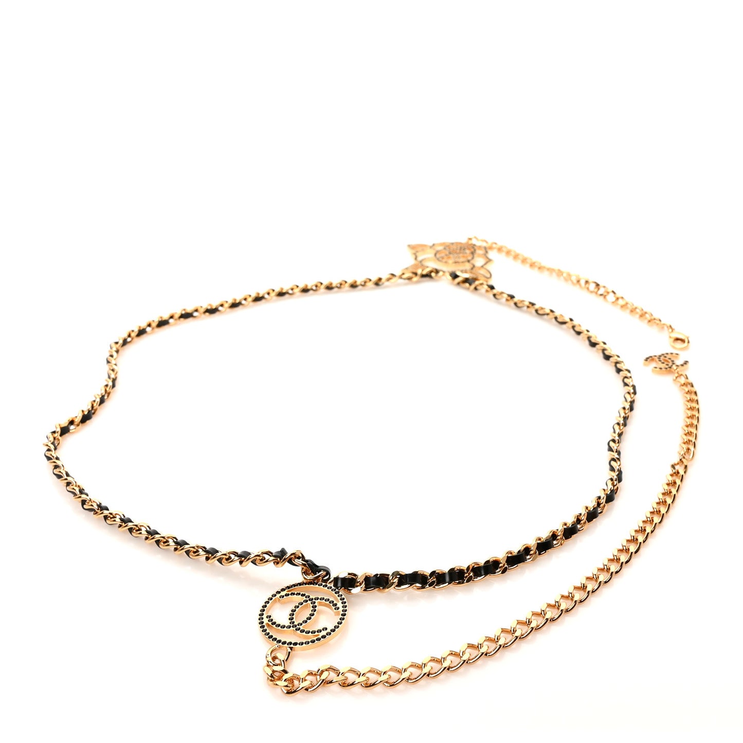 Crystal Lambskin CC Camellia Belt Black Gold