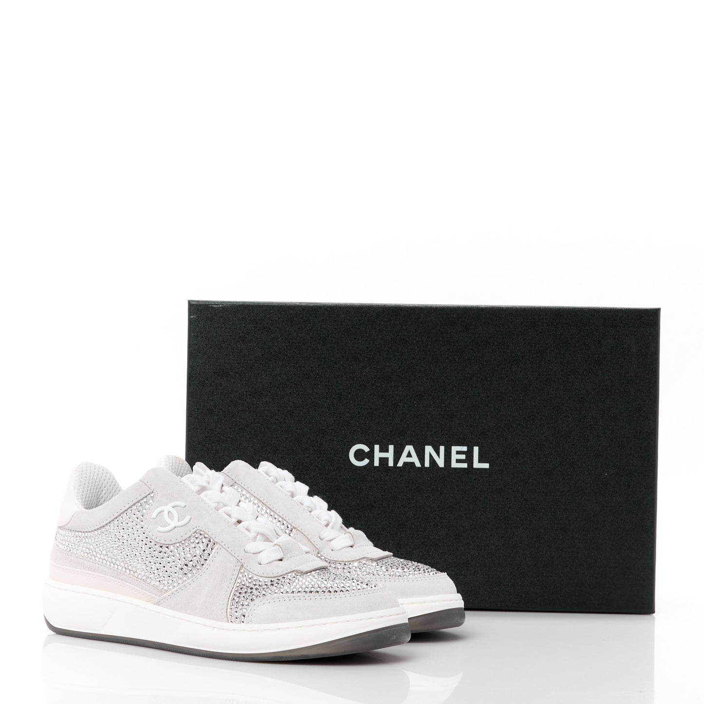 Calfskin Suede Crystal Womens CC Sneakers 36 White