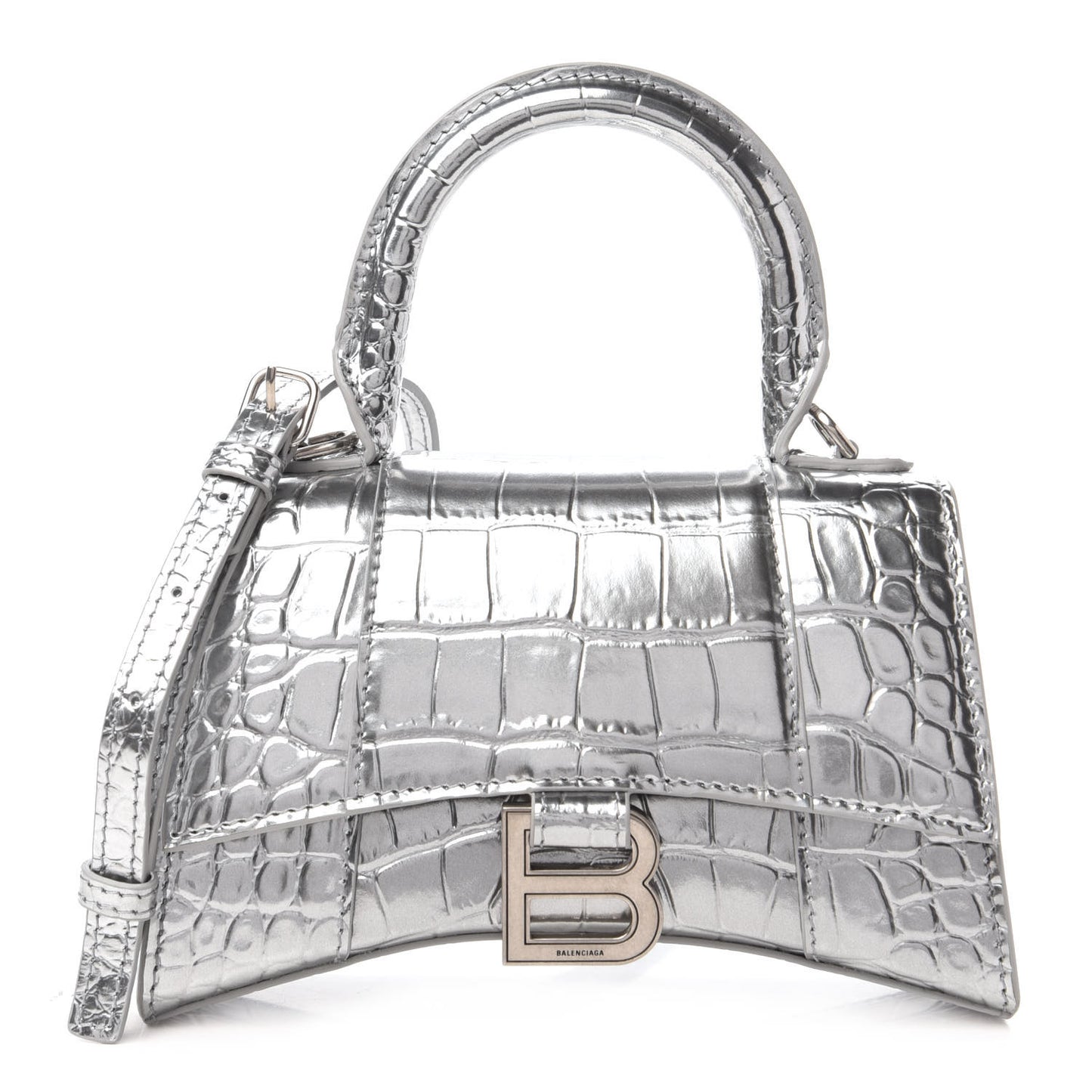 Metallic Calfskin Crocodile Embossed Hourglass Top Handle Bag XS Silver