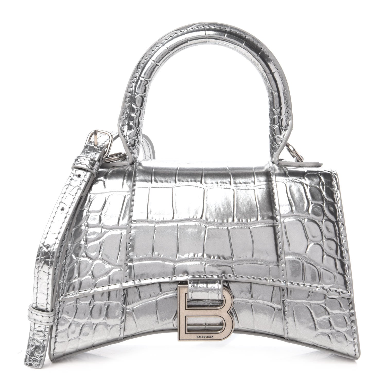 Balenciaga Metallic Calfskin Crocodile Embossed Hourglass Top Handle Bag XS Silver 1 of 9