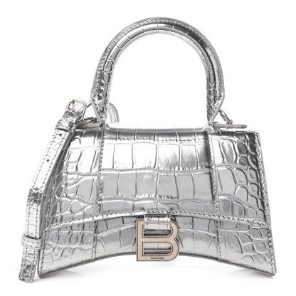 Balenciaga Metallic Calfskin Crocodile Embossed Hourglass Top Handle Bag XS Silver 1 of 9
