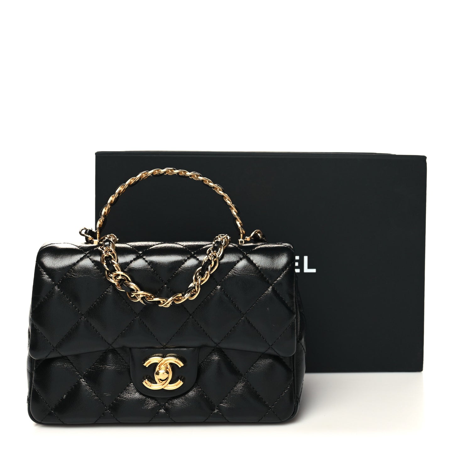 Shiny Lambskin Quilted Golden Links Top Handle Flap Black