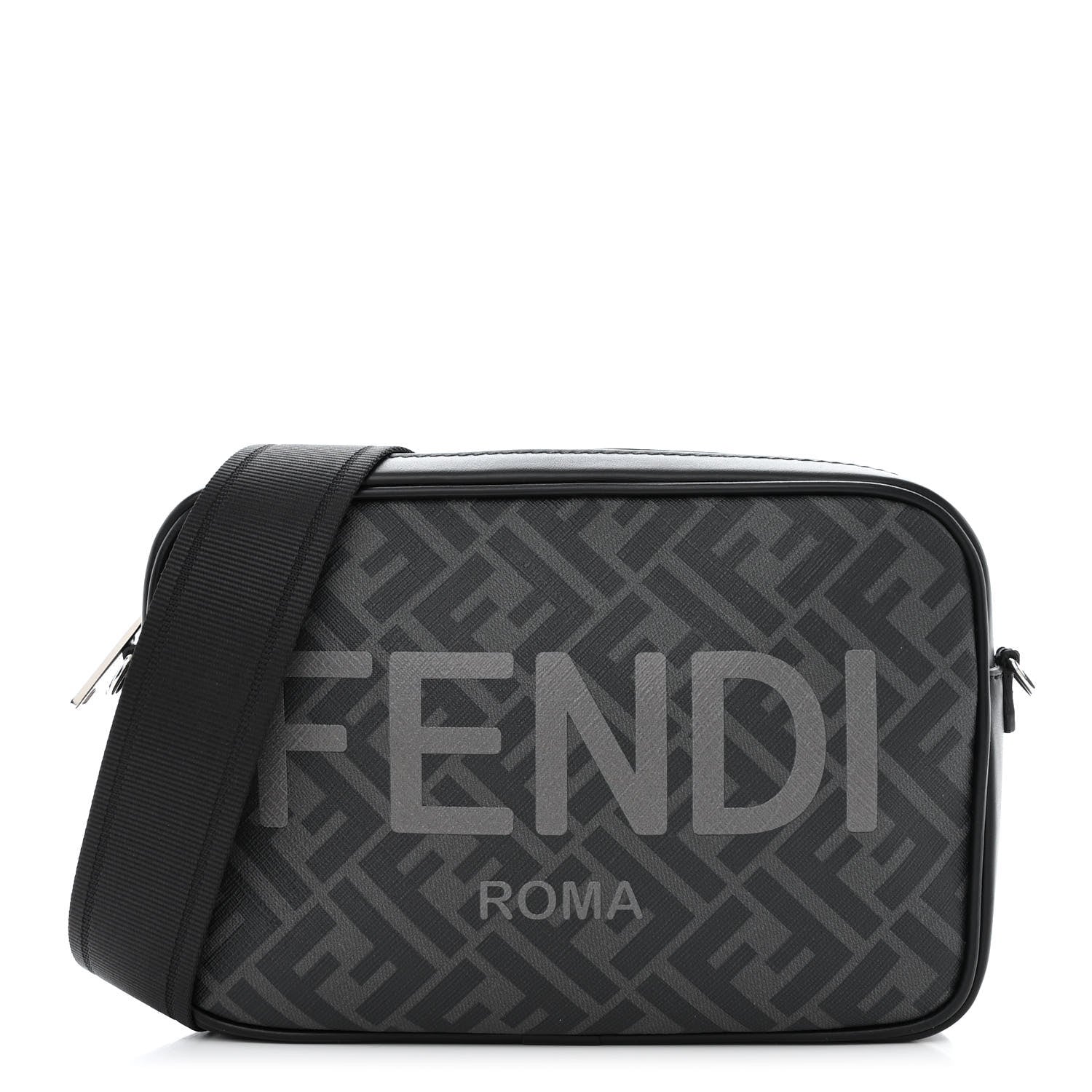 Fendi Shiny Glazed Fabric Vitello Cover FF 1974 Logo Medium Camera Case Black 1 of 12