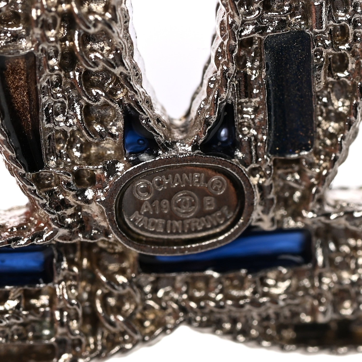 Chanel Resin Crystal Pearl Tweed Effect CC Earrings Silver Blue Pearly White 4 of 5