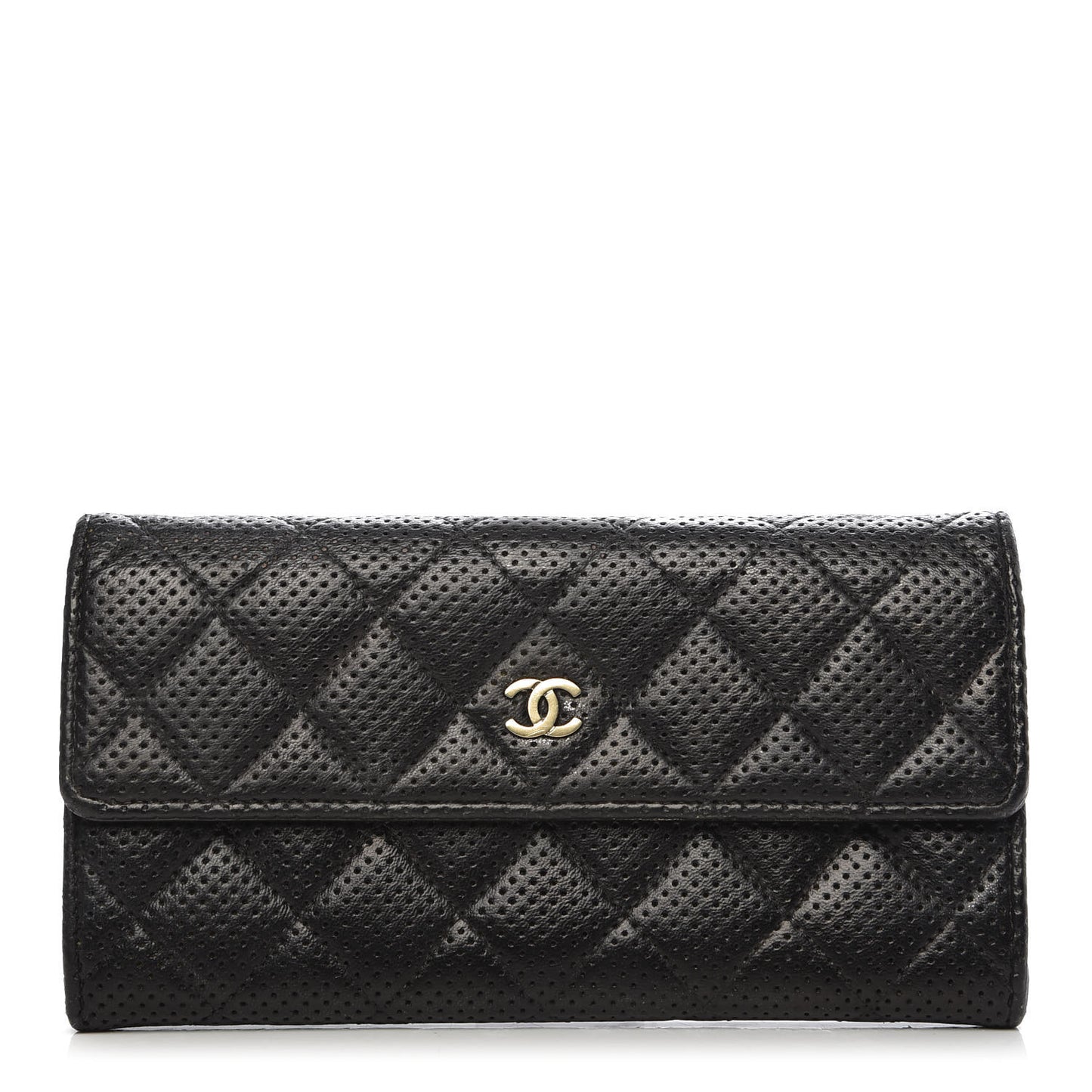 Perforated Lambskin Quilted Large Gusset Flap Wallet Black