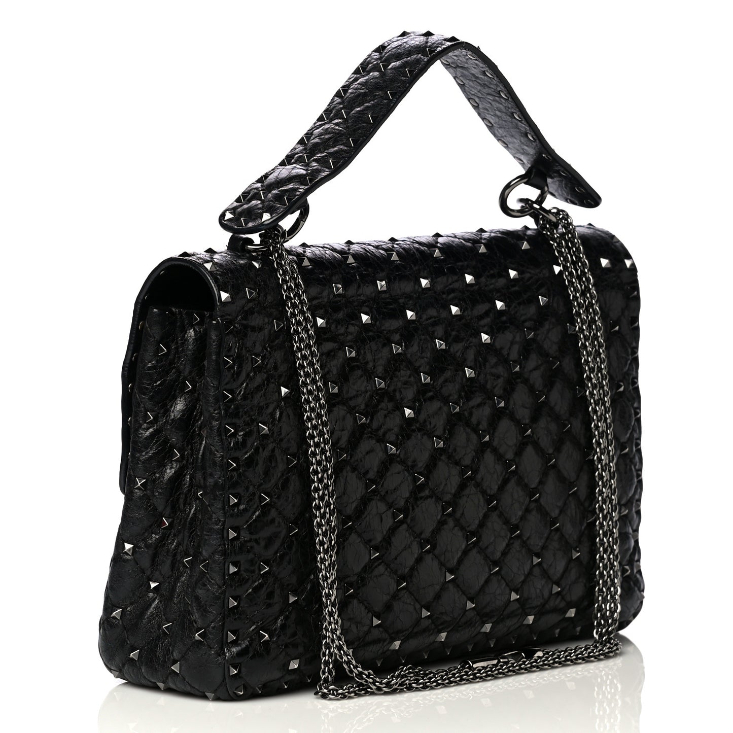 Craquele Nappa Large Rockstud Spike Shoulder Bag Black