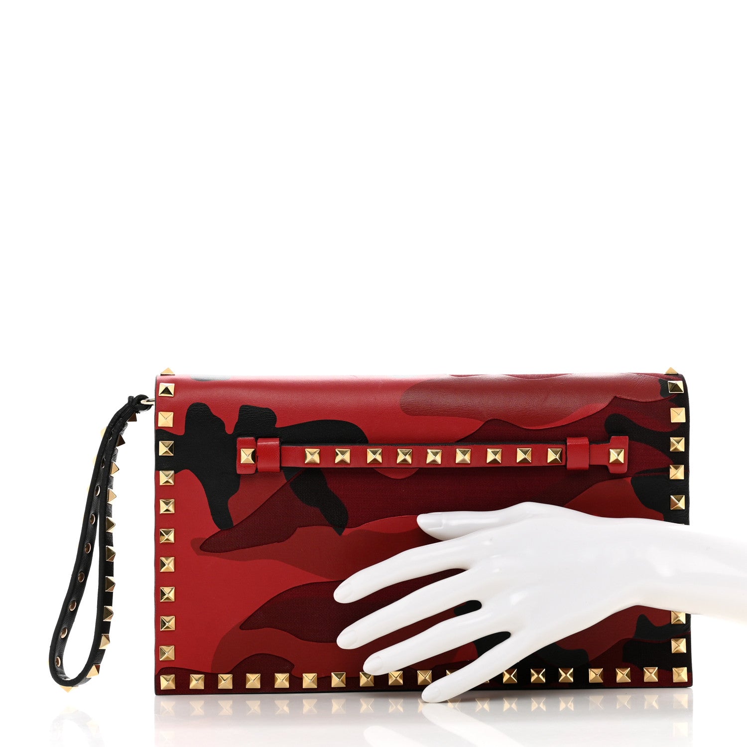 Valentino Garavani Nappa Canvas Camouflage Rockstud Wristlet Clutch Red Black 2 of 10