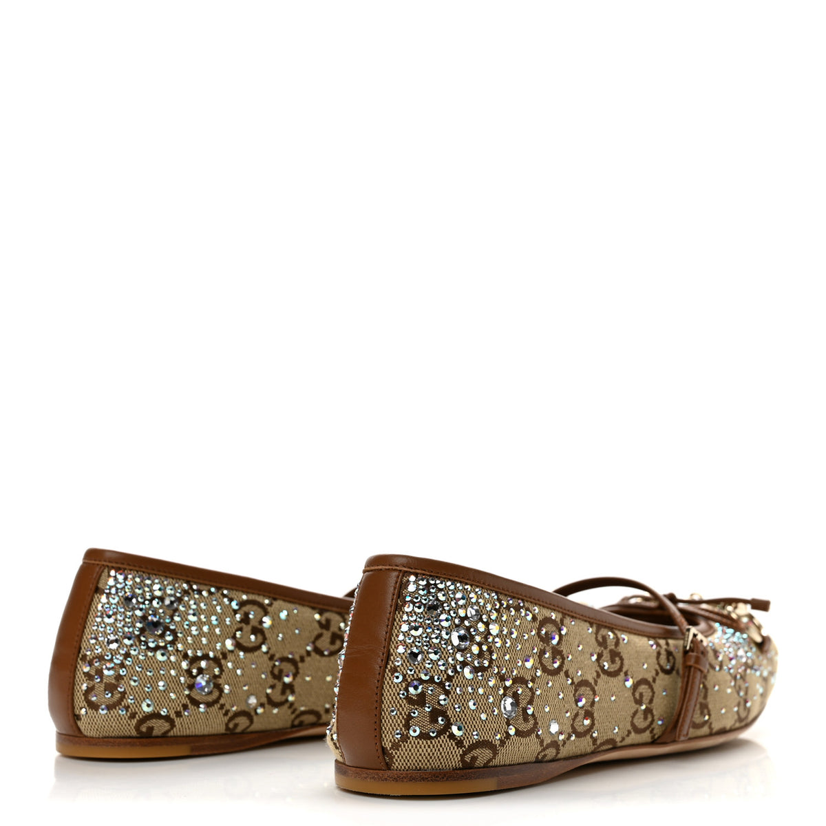 Gucci GG Monogram Crystal Horsebit Bow Ballet Flats 37 Beige Ebony Sundial 5 of 9