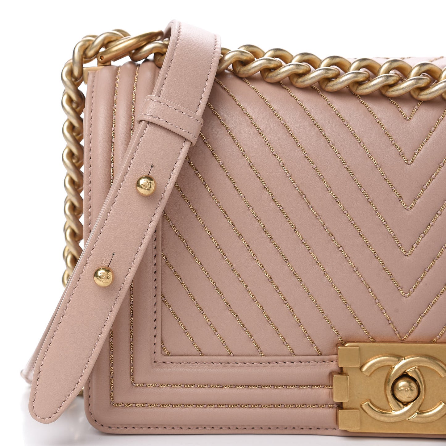 Lambskin Chevron Chain Stitched Medium Boy Flap Beige