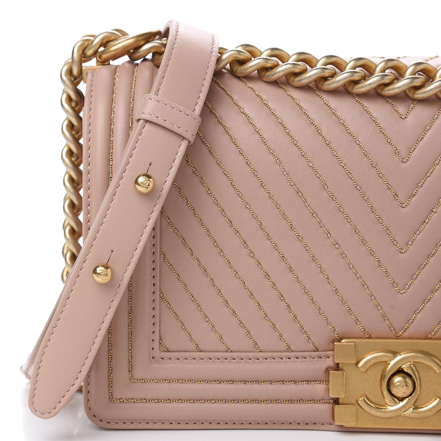 Chanel Lambskin Chevron Chain Stitched Medium Boy Flap Beige 12 of 14