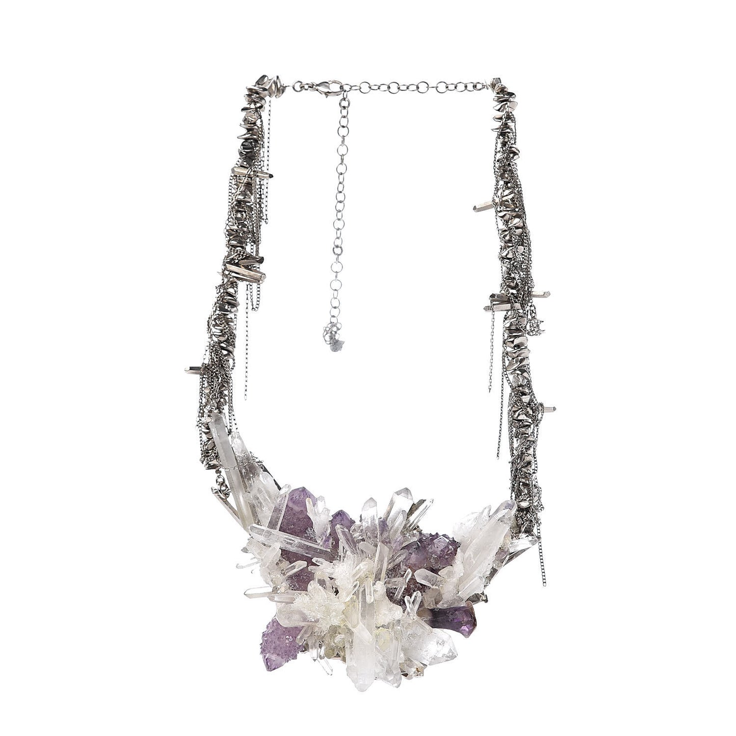 Quartz Amethyst Crystal Poured Glass CC Chain Necklace Silver Purple