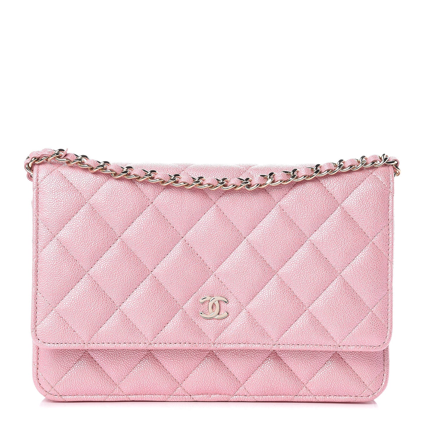 Iridescent Caviar Quilted Wallet on Chain WOC Rose Pink