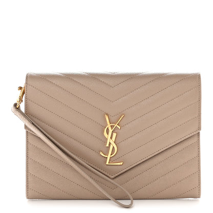 Saint Laurent Grain De Poudre Matelasse Chevron Monogram Envelope Clutch Dark Beige 1 of 8
