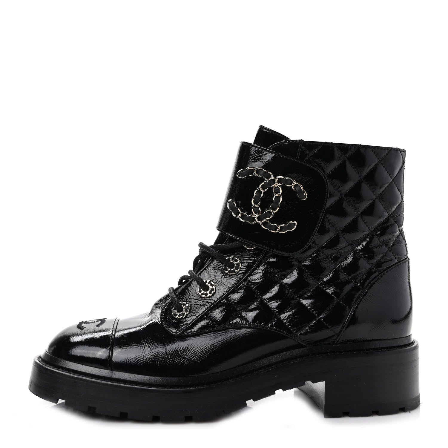Chanel Shiny Calfskin Quilted Lace Up Combat Boots 39.5 Black 1 of 9