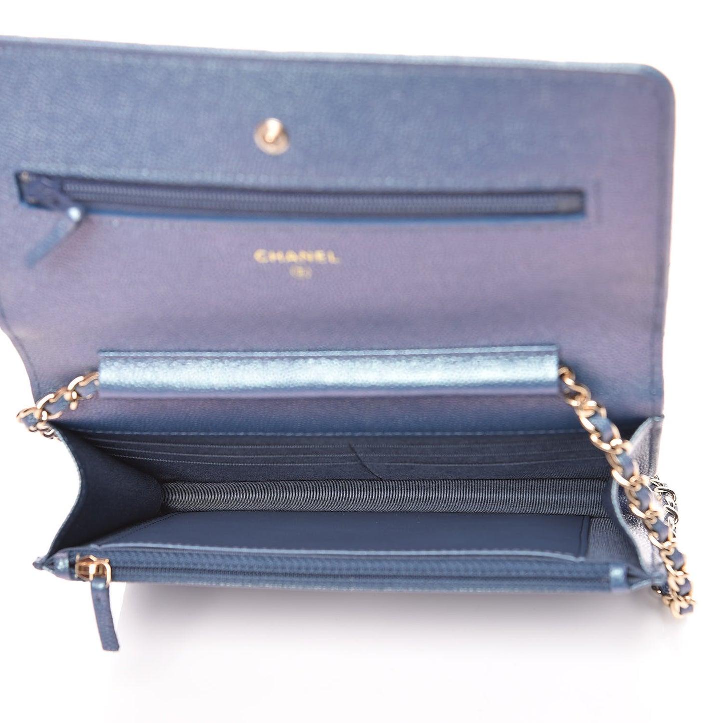 Iridescent Caviar Quilted Wallet On Chain WOC Dark Blue