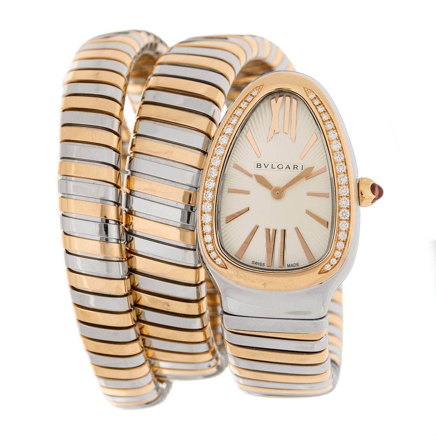 Stainless Steel 18K Rose Gold Diamond Bezel 35mm Serpenti Tubogas Double Spiral Quartz Watch