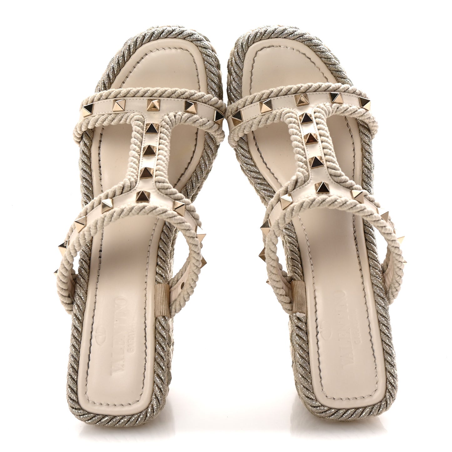 Calfskin Rockstud Torchon Espadrille Caged 25/95mm Wedge Sandals 38 Light Ivory
