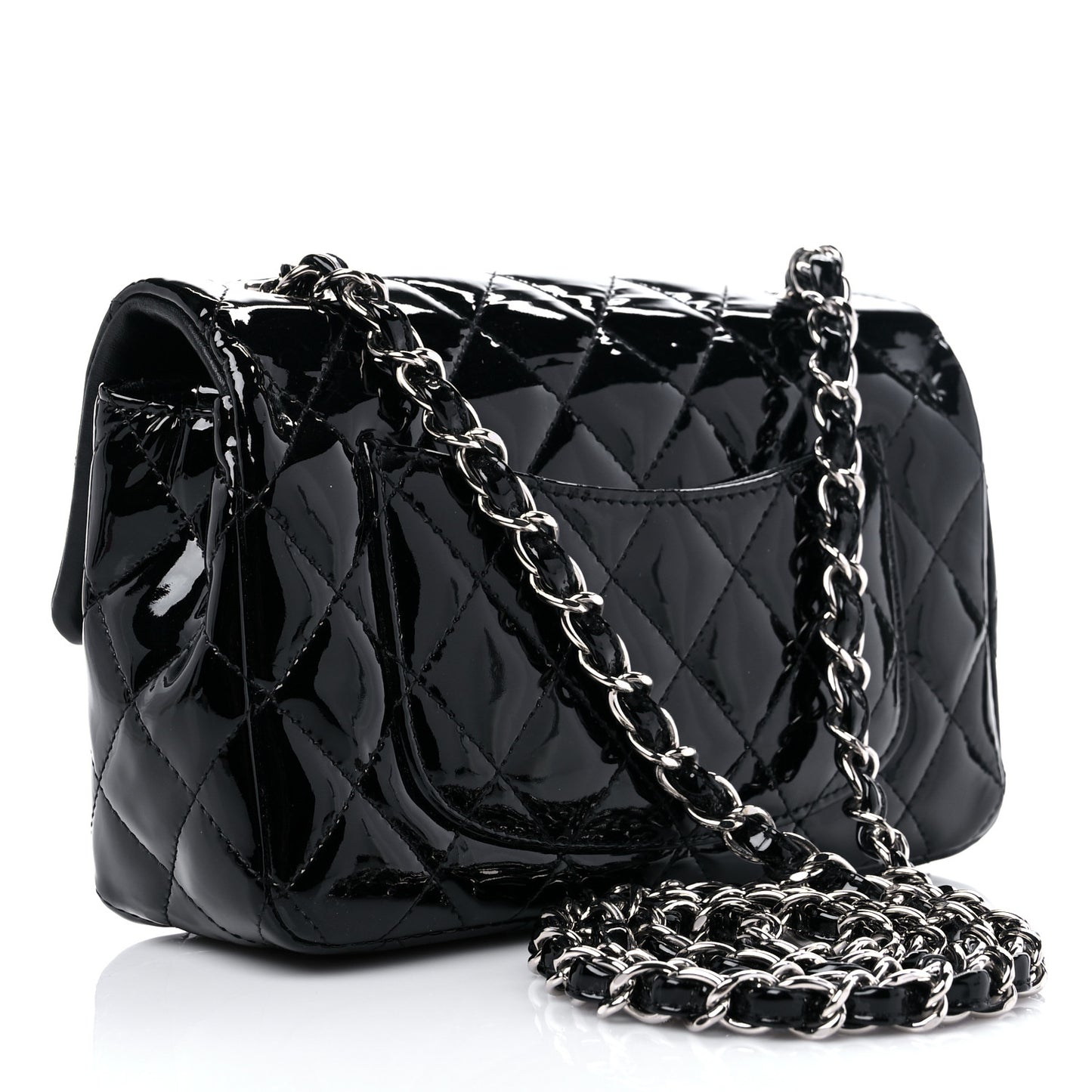 Patent Calfskin Quilted Mini Rectangular Flap Black