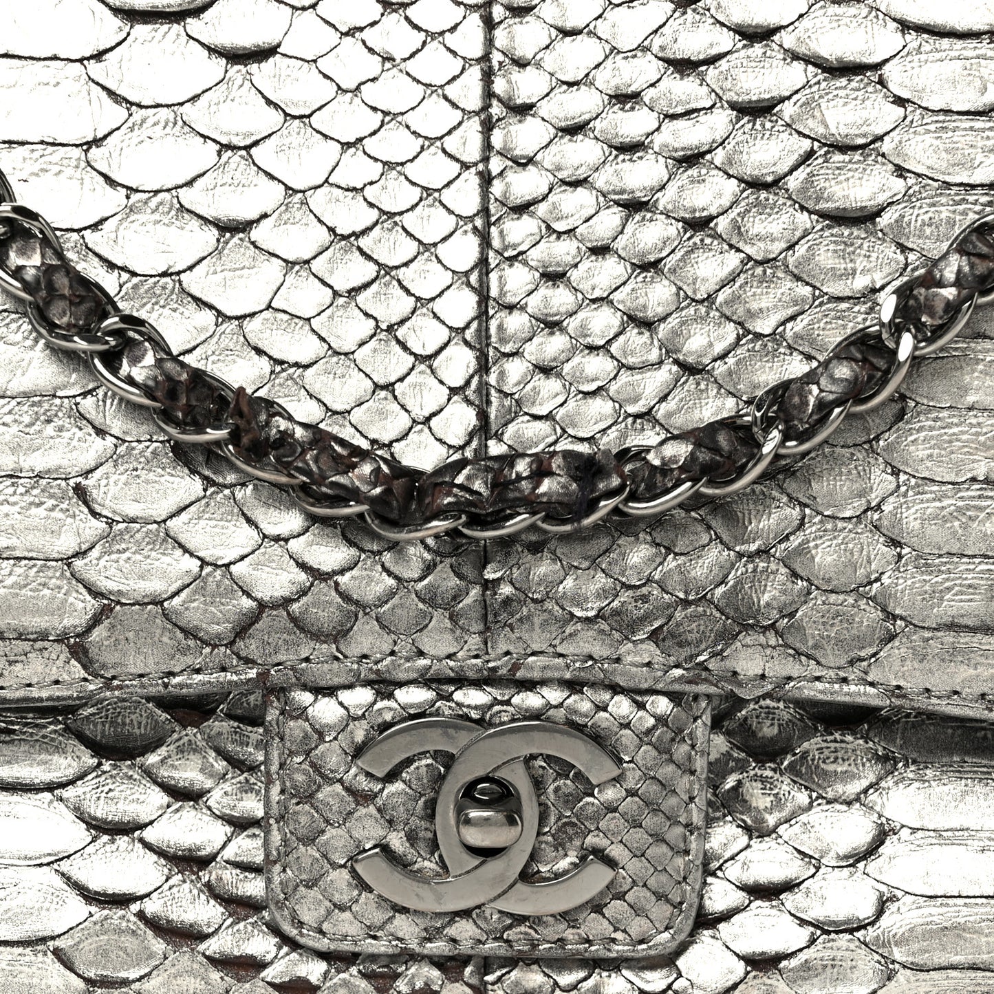 Metallic Snakeskin Medium Single Flap Silver