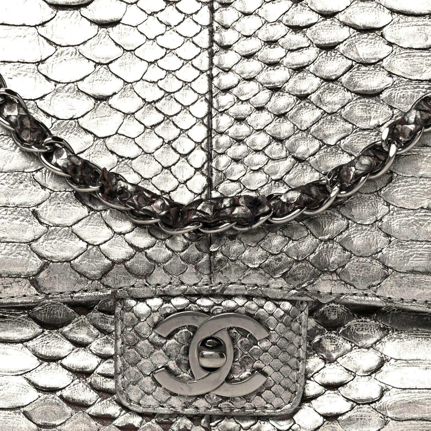 Chanel Metallic Snakeskin Medium Single Flap Silver 9 of 13