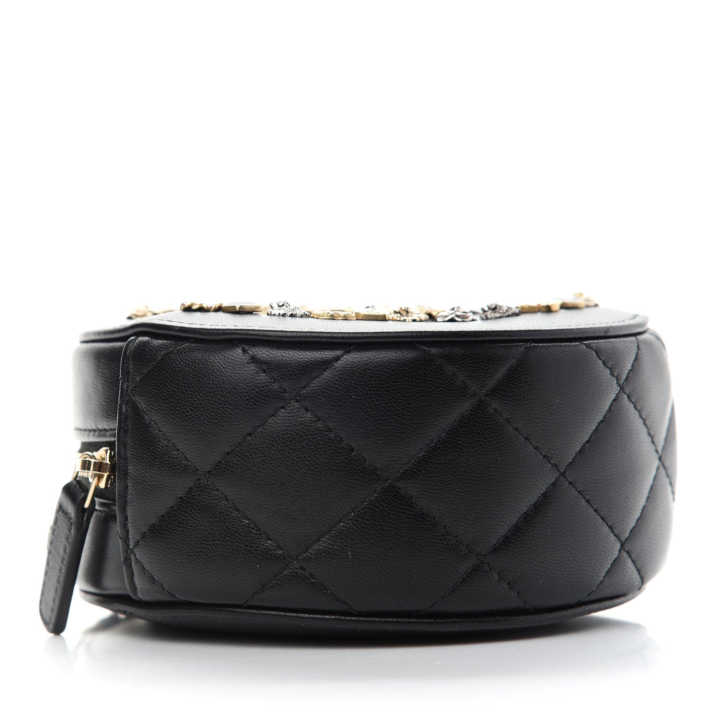Lambskin Quilted Lucky Charms CC Round Clutch With Chain Black