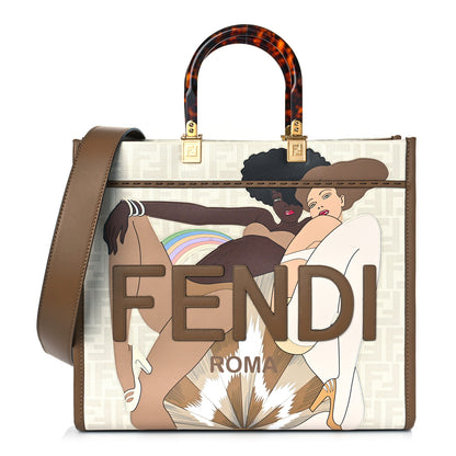 Fendi Glazed Fabric Plexiglass FF Logo Bikini Girls Medium Fendi Sunshine Shopper Tote Bianco Perla Multicolor Miele Scuro 2 of 10