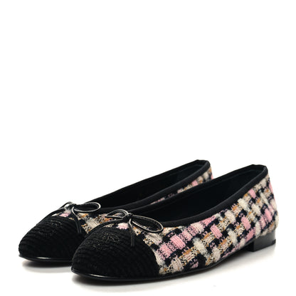 Chanel Wool Cotton Tweed Corduroy Cap Toe Ballerina Flats 37.5 Pink Black Multicolor 3 of 8