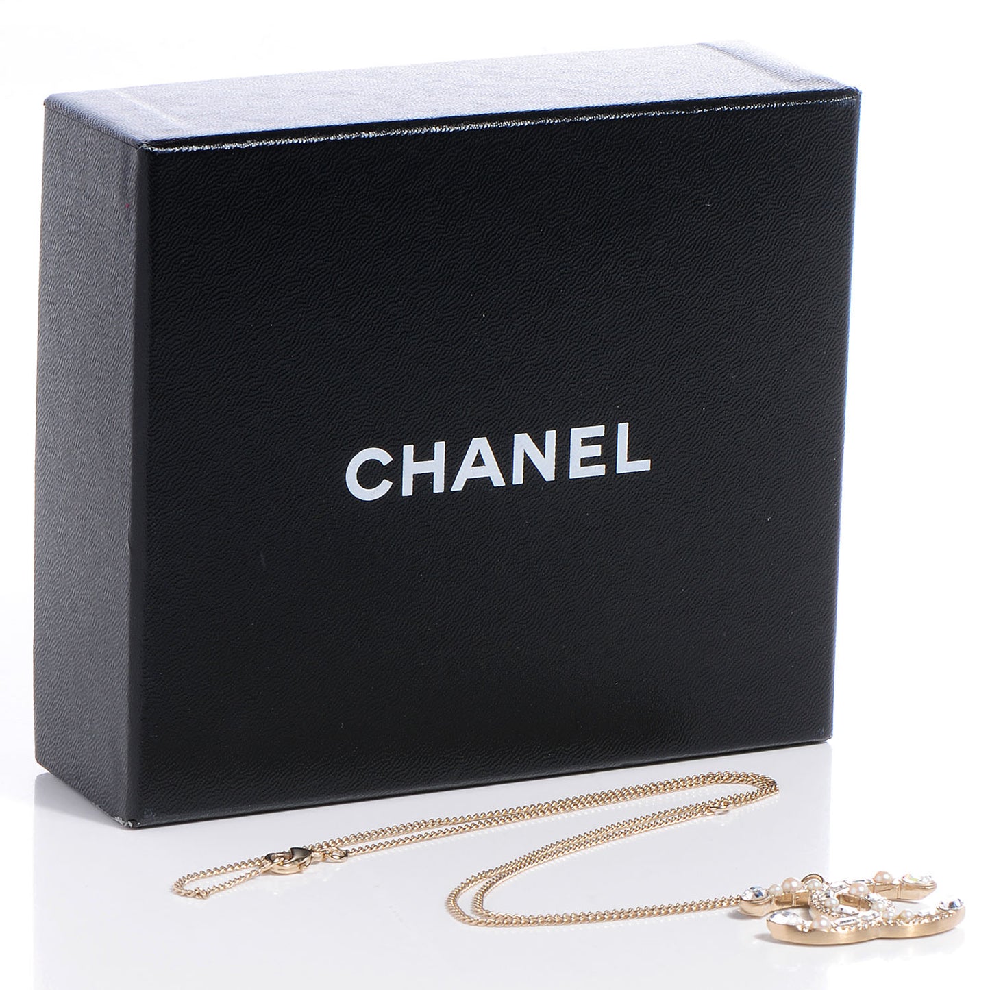 Pearl Crystal Baguette CC Long Necklace Gold