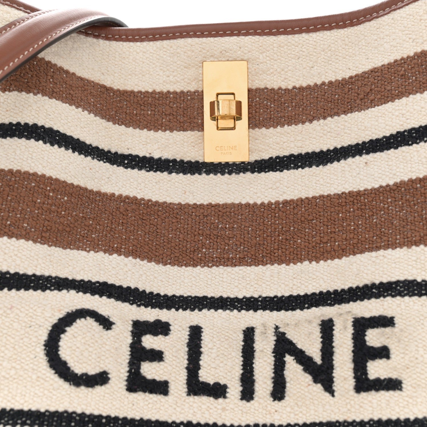Celine Canvas Smooth Calfskin Logo Bucket 16 Bag Brown Off White Tan 9 of 14
