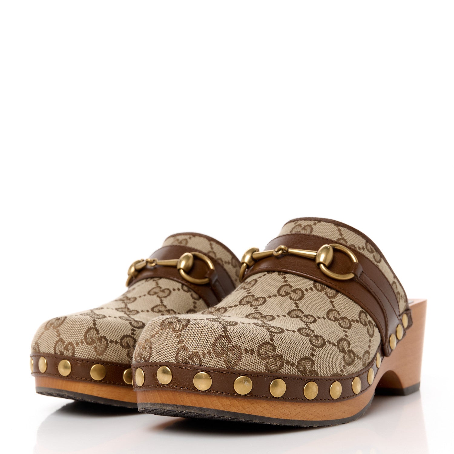 Gucci Monogram Goatskin Horsebit Clog Mules 37.5 Beige Ebony Brown Sugar 3 of 9