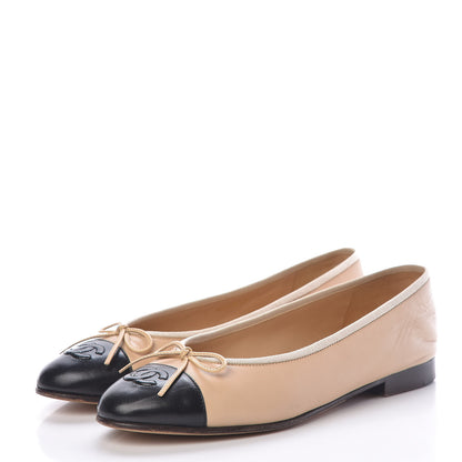 Chanel Lambskin CC Cap Toe Ballerina Flats 37.5 Beige Black 3 of 16
