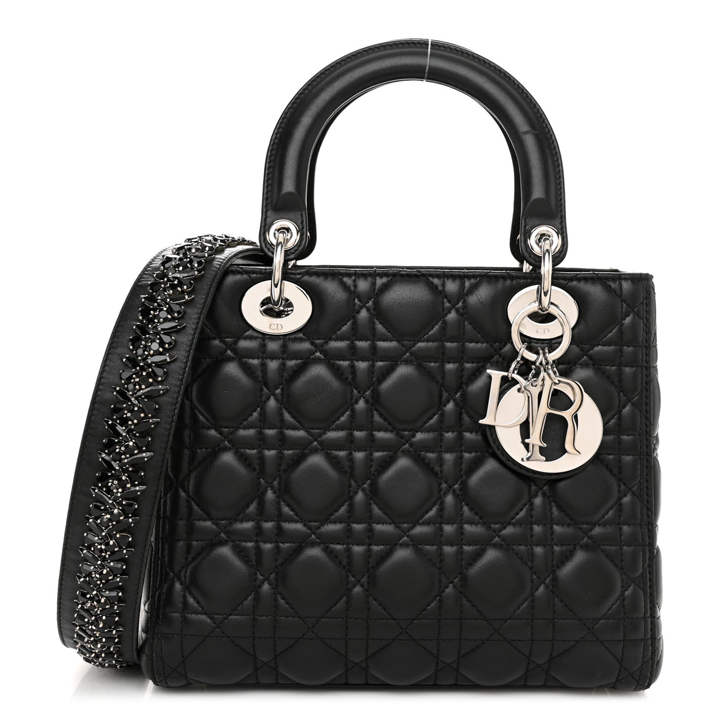 Lambskin Cannage Medium Lady Dior Crystal Strap Black