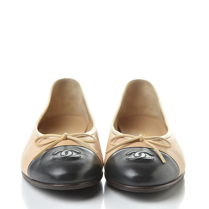 Chanel Lambskin Cap Toe CC Ballerina Flats 40 Beige Black 2 of 15