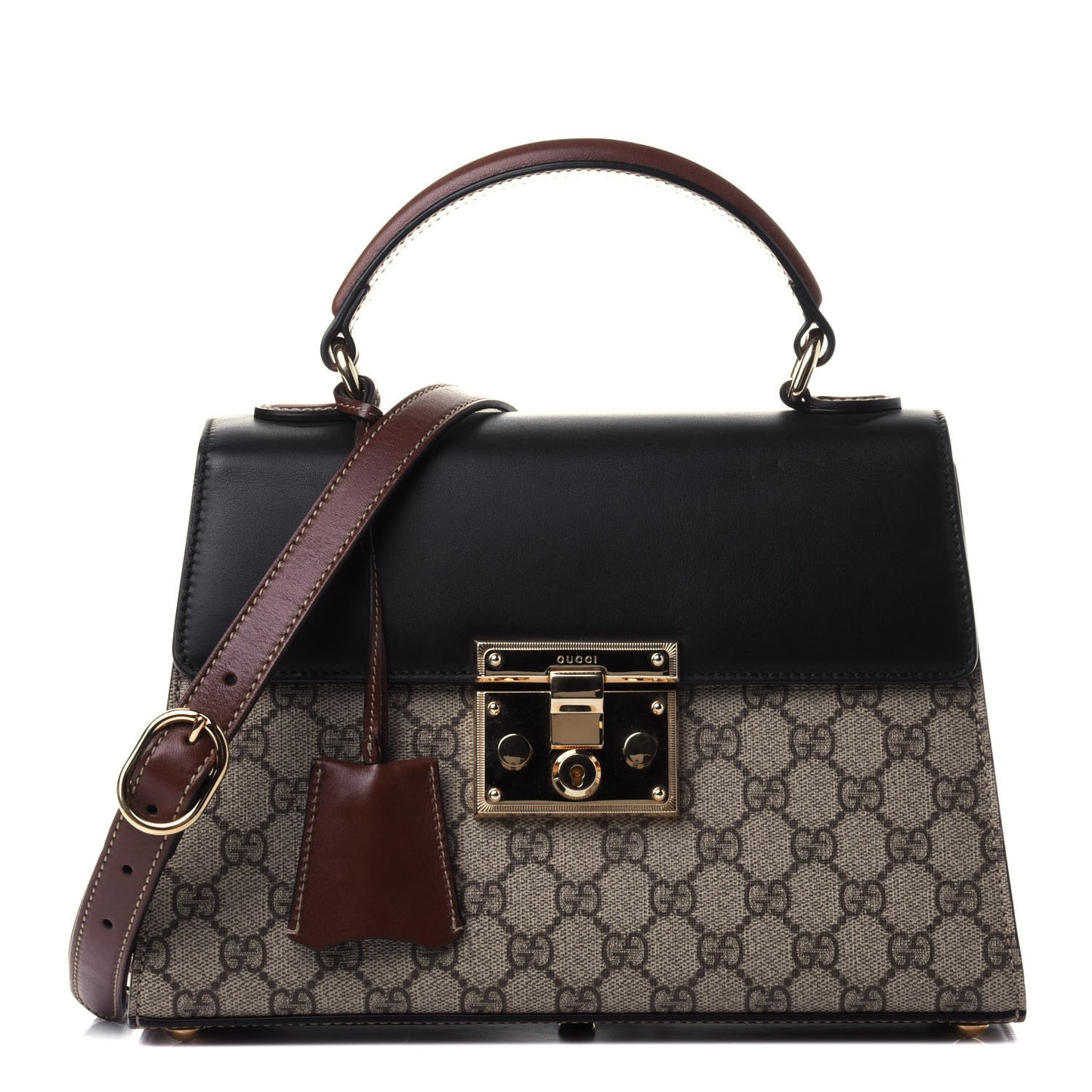 GG Supreme Monogram Calfskin Small Padlock Top Handle Bag Beige Black Cuir