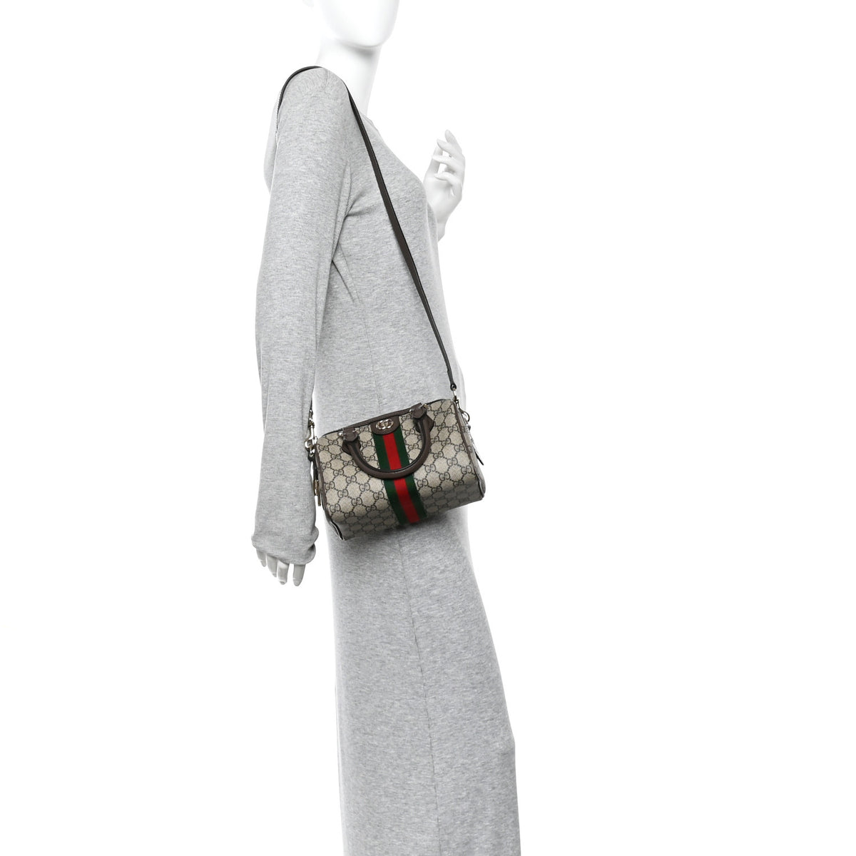 Gucci GG Supreme Monogram Textured Dollar Calfskin Web Mini Ophidia Top Handle Bag Beige Ebony New Acero 2 of 10