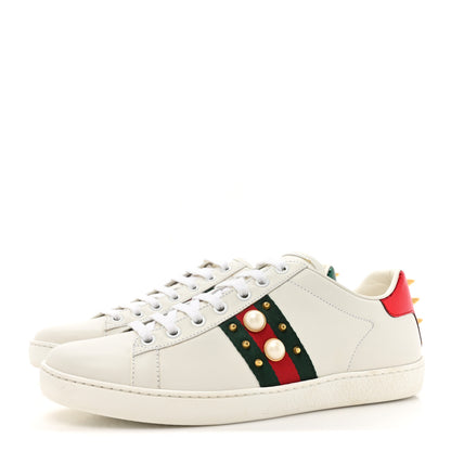 Gucci Calfskin Web Pearl Studded Womens Ace Sneakers 38.5 White 3 of 10