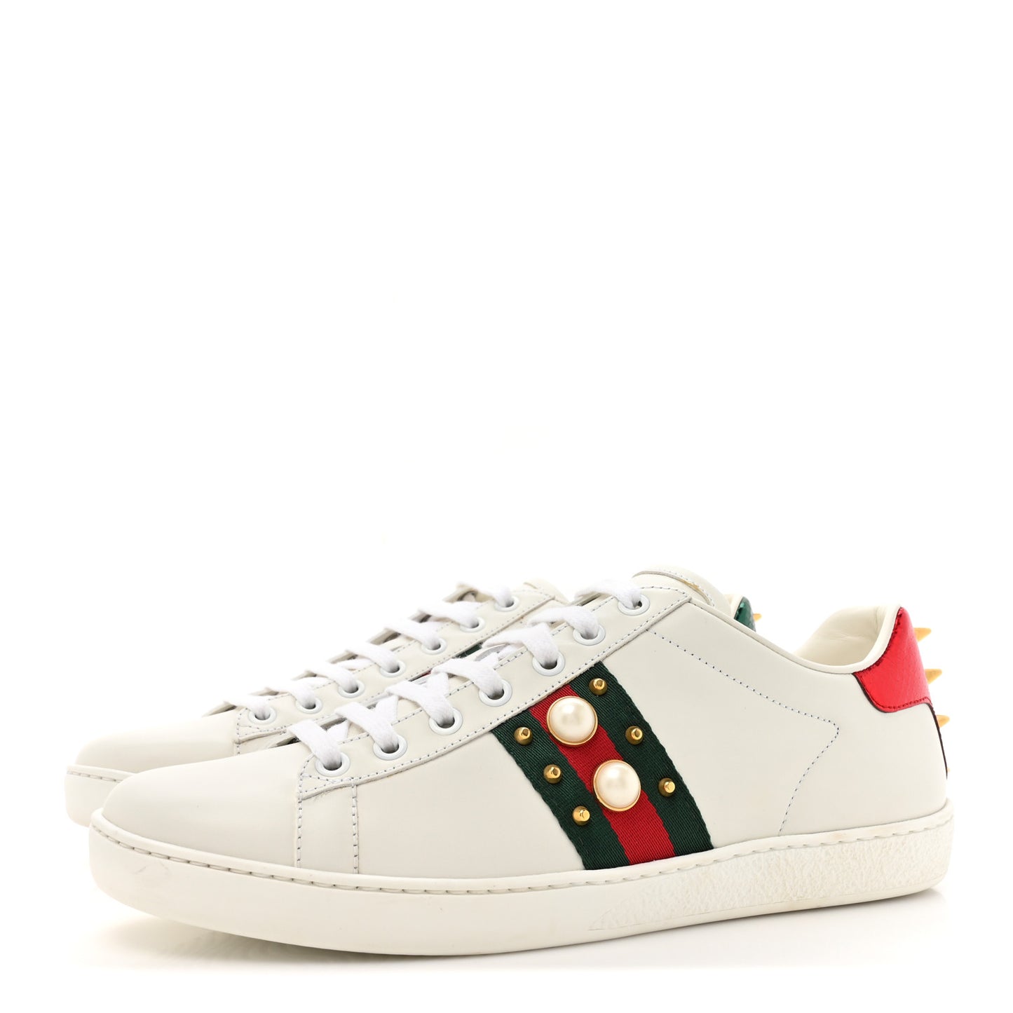Calfskin Web Pearl Studded Womens Ace Sneakers 38.5 White