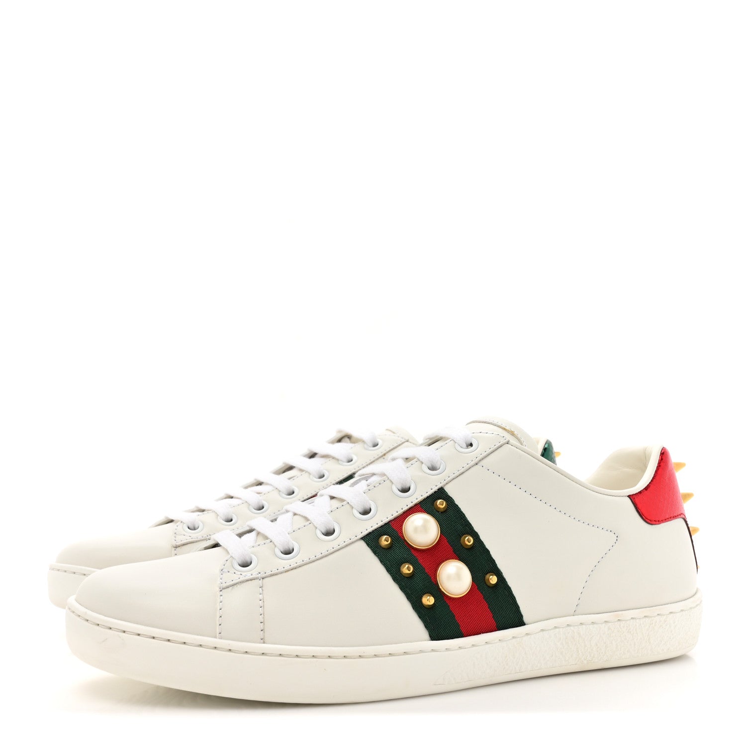 Gucci Calfskin Web Pearl Studded Womens Ace Sneakers 38.5 White 3 of 10
