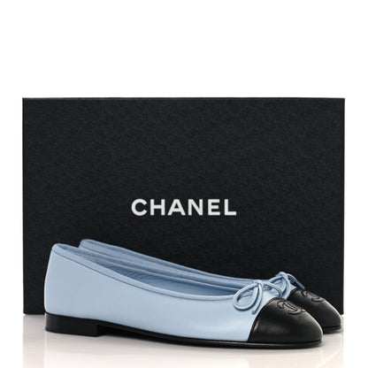Chanel Lambskin Cap Toe CC Ballerina Flats 37 Light Blue Black 10 of 10