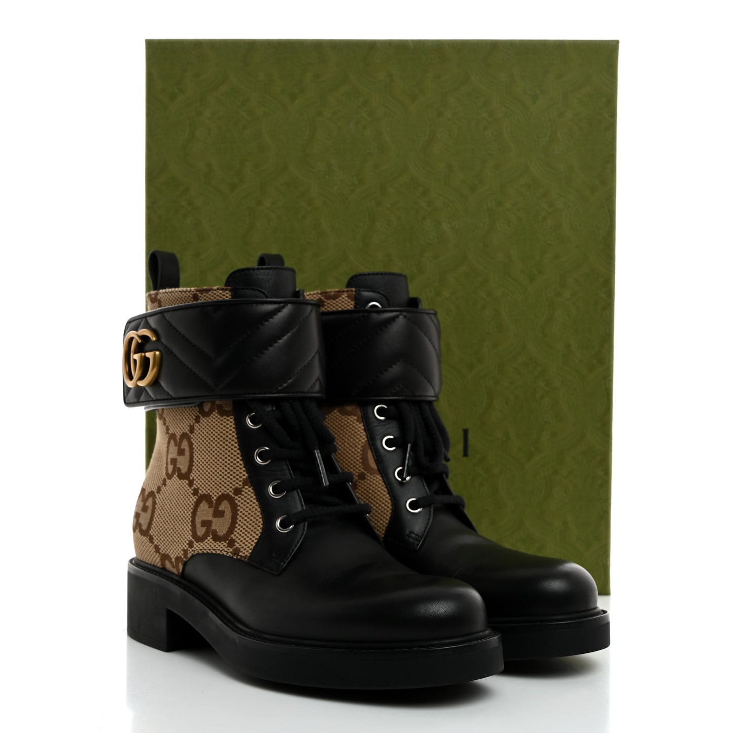 Flores Calfskin Monogram Maxi GG Nappa Matelasse Double G 40mm Ankle Boots 36.5 Black Camel Ebony