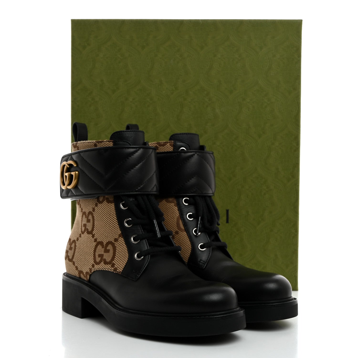 Gucci Flores Calfskin Monogram Maxi GG Nappa Matelasse Double G 40mm Ankle Boots 36.5 Black Camel Ebony 9 of 9