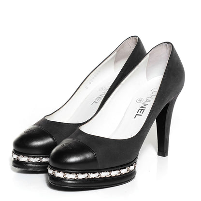 Chanel Suede Platform Chain Pumps 37.5 Black 3 of 8