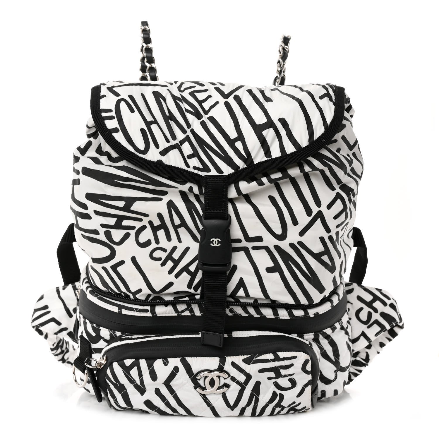 Chanel Nylon Printed Quilted Coco Neige Convertible Backpack Black White 1 of 12