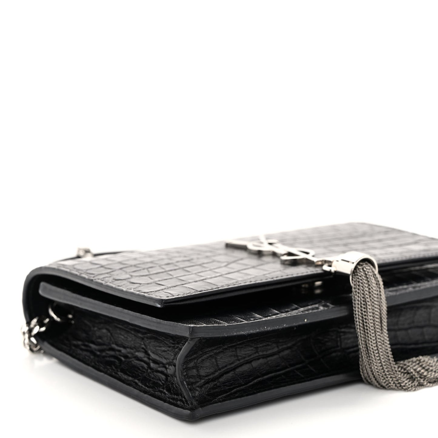 Calfskin Crocodile Embossed Kate Monogram Tassel Chain Wallet Black