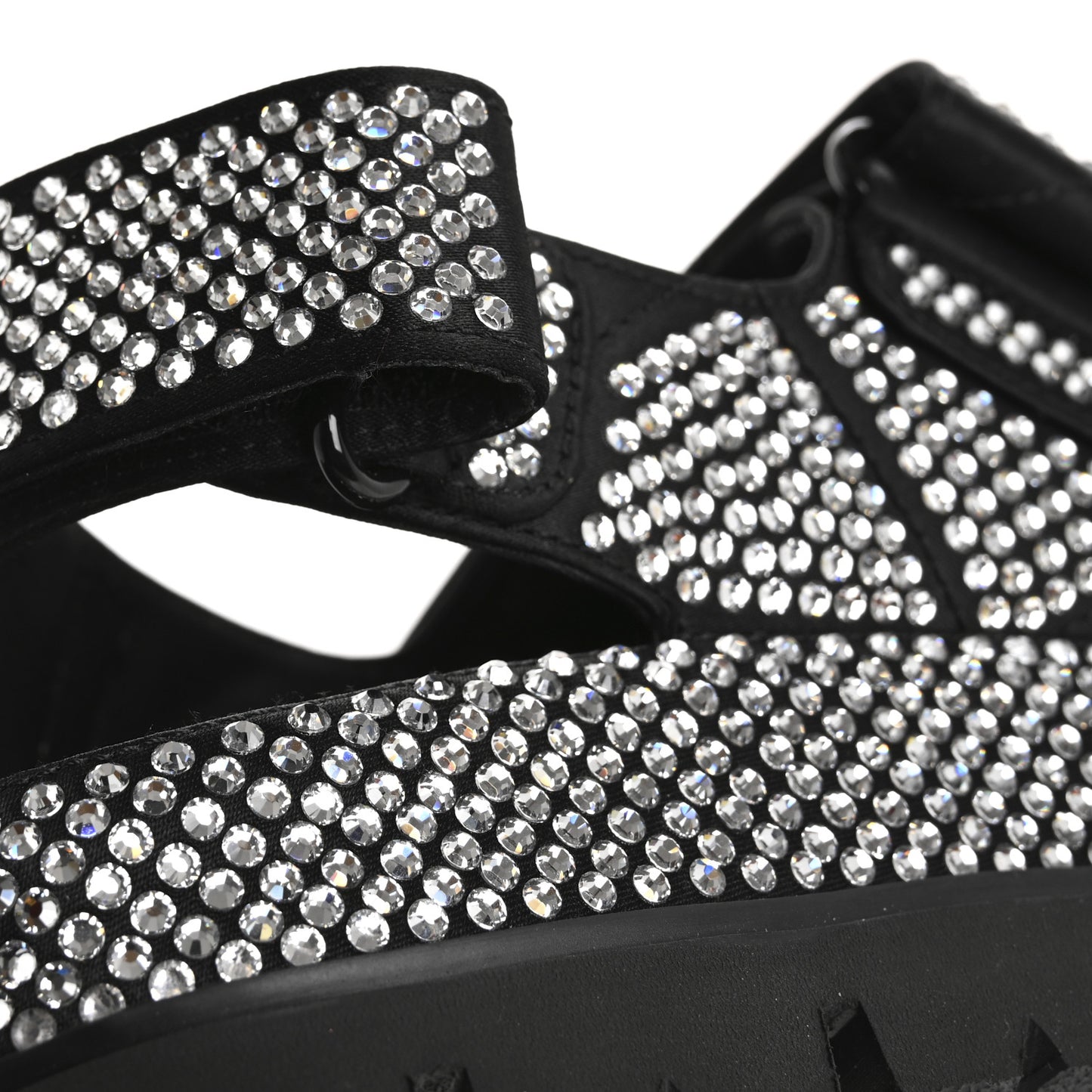 Satin Crystal Embellished Metal Logo Velcro Sandals 37 Black