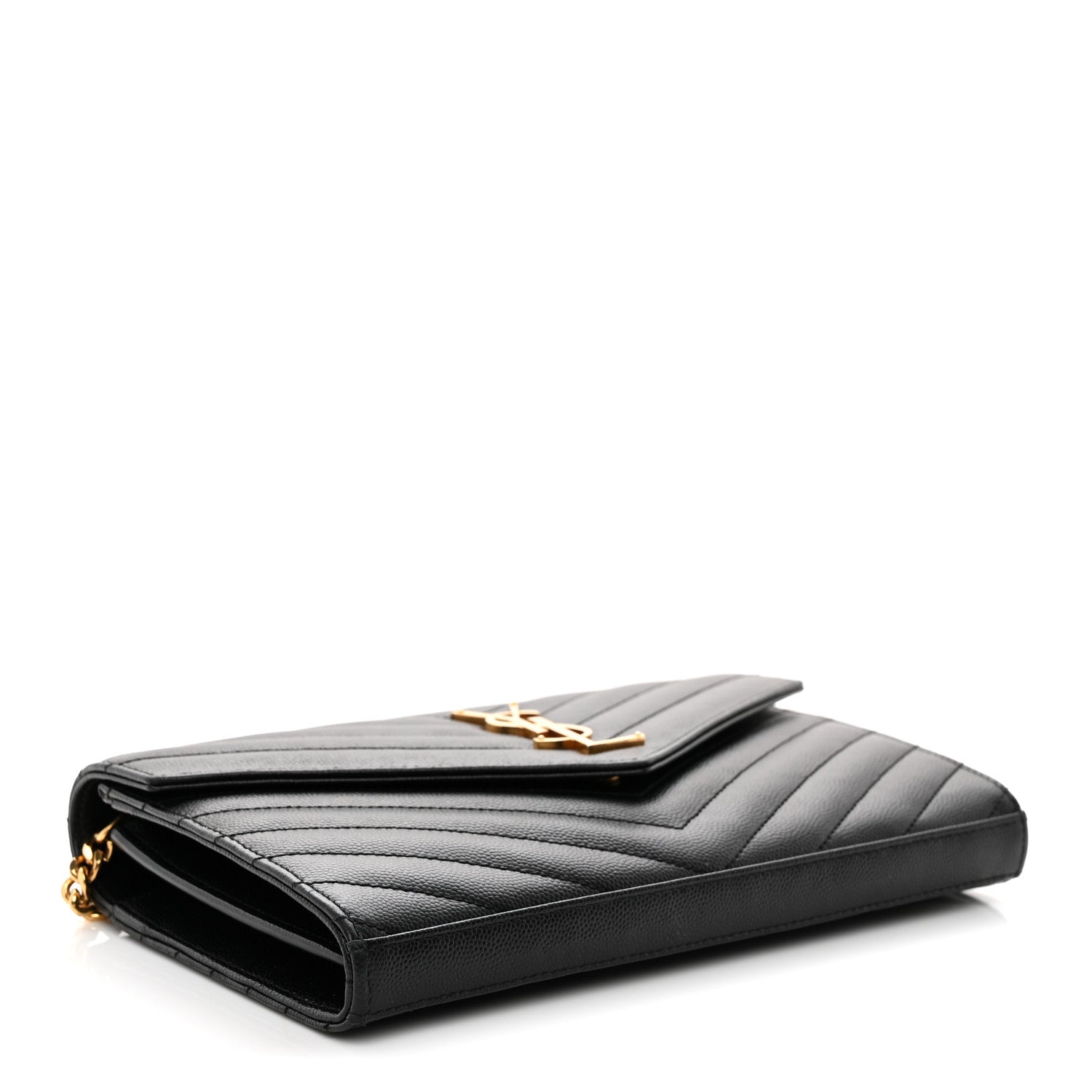 Saint Laurent Grain De Poudre Matelasse Chevron Monogram Chain Wallet Black 4 of 12